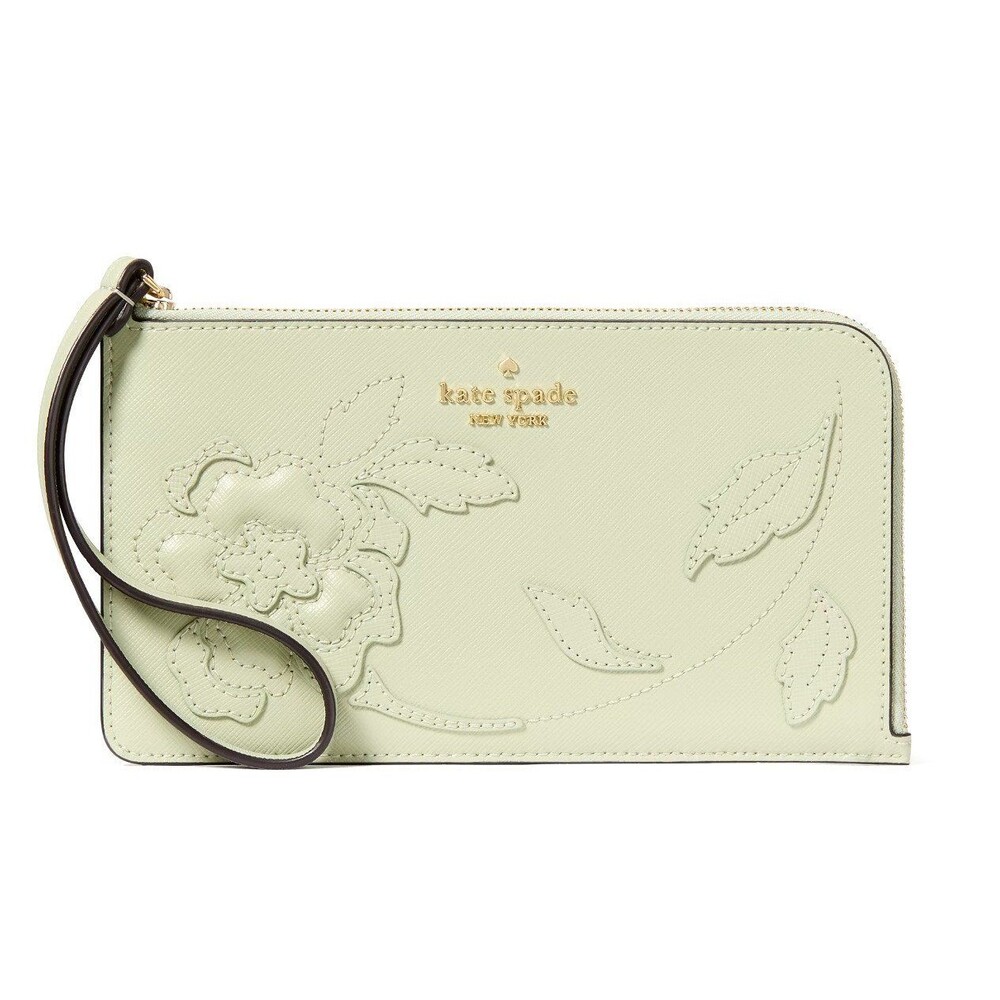 New Kate Spade Lucy Floral Applique Medium L-zip Wristlet Sage Bundle